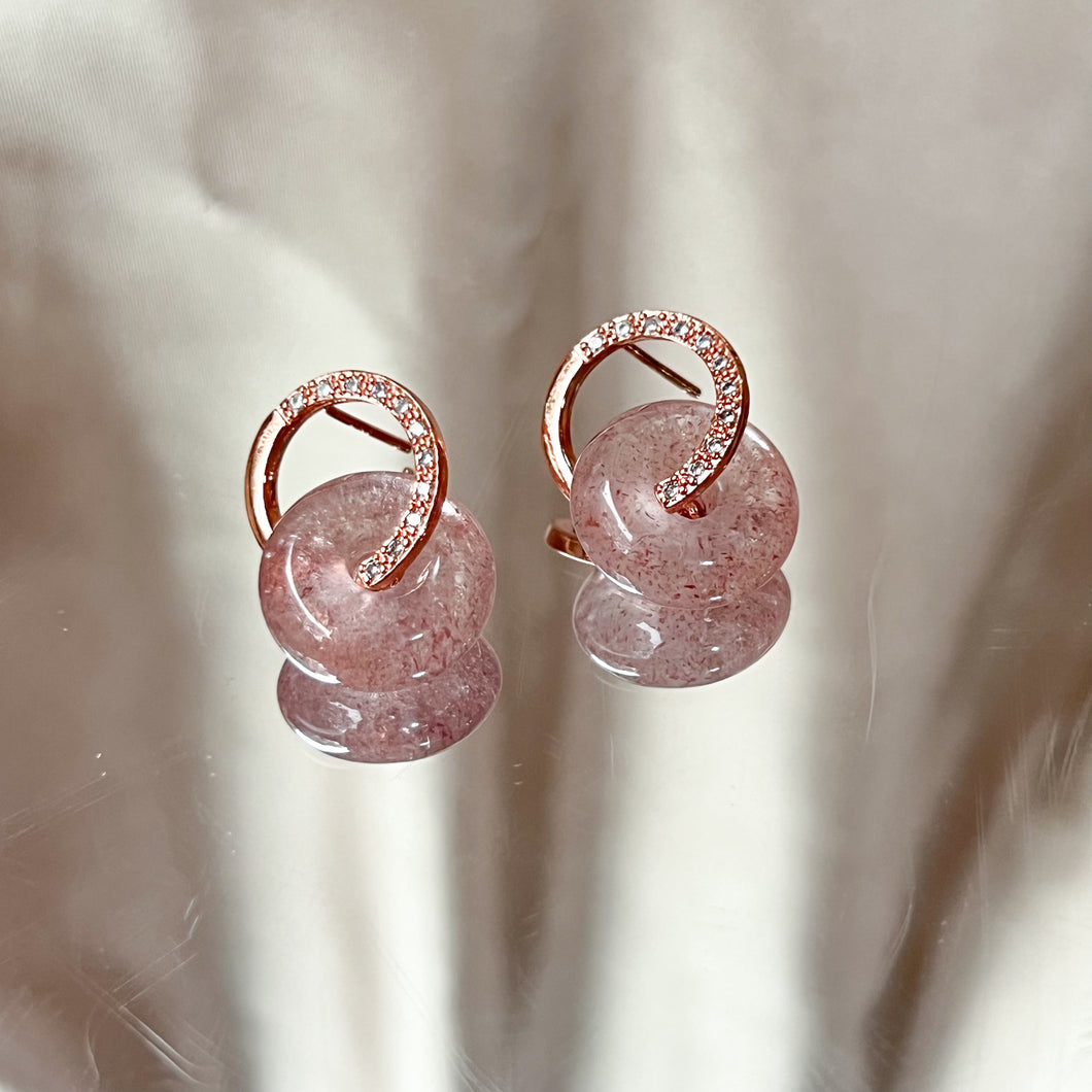 Double Halo Strawberry Quartz Earrings (Rose Gold)