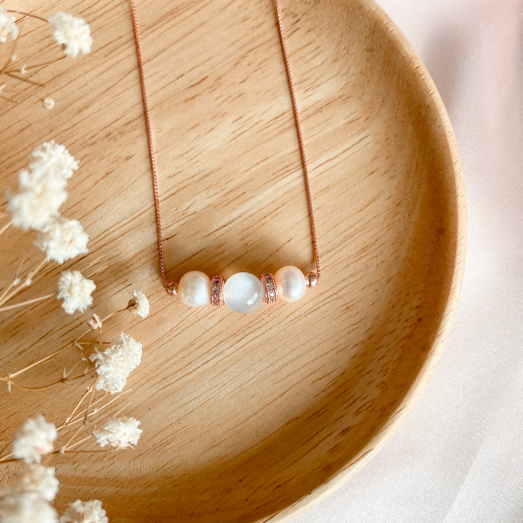 White sheen Moonstone Tri Pearl Necklace (Happiness and Wisdom)