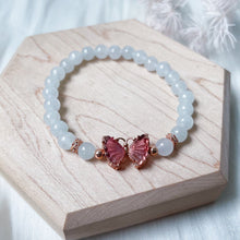 Load image into Gallery viewer, Watermelon Tourmaline Butterfly with Grade A White Jade Bracelet
